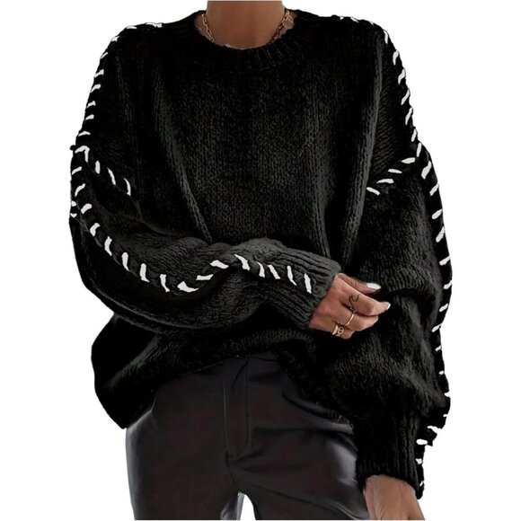 Sweaters - Women's Black Oversized Stitching Long Sleeve Crew Neck Baggy Knit Sweaters